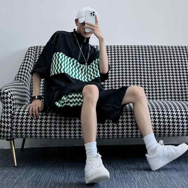 メンズカジュアルセットアップ Tシャツ & ショートパンツ 薄手 部屋着 スポーツウェア ポリエステル ブラック 黒 杏色 春夏
