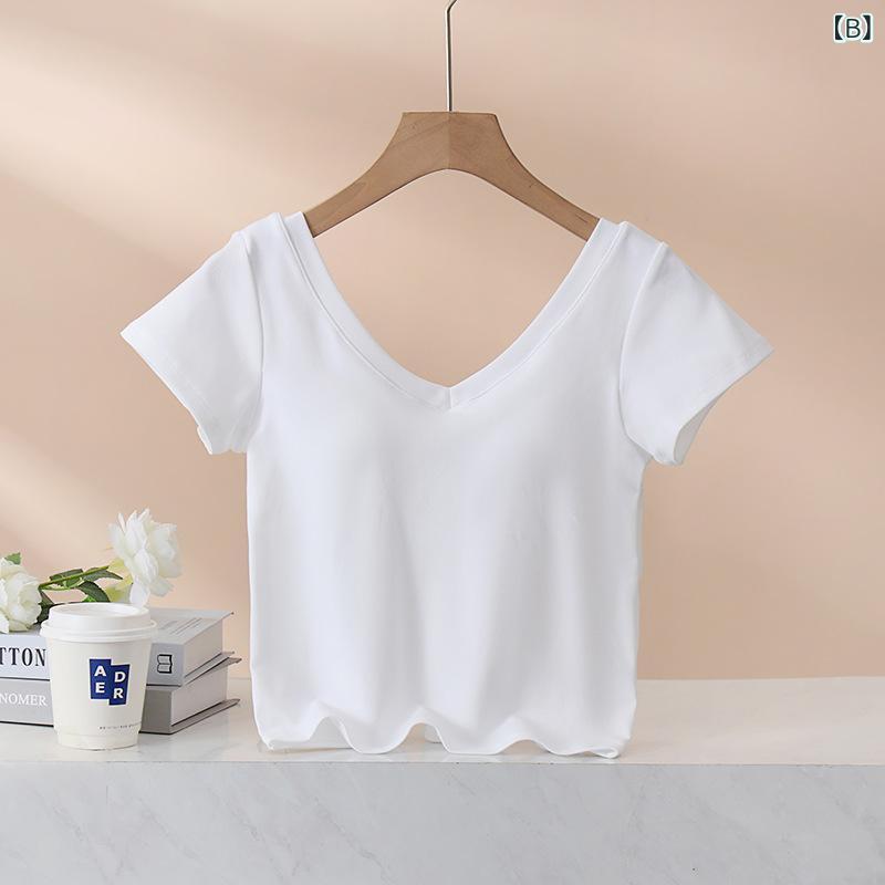 Tシャツ レディース Vネック 半袖 ブラパッド付き カップ付き インナー 小柄 美背 修身 トップス 綿100% ブラック ホワイト カラメル 焦糖 煉瓦色 レンガ色 ピンク系 琉璃 緑