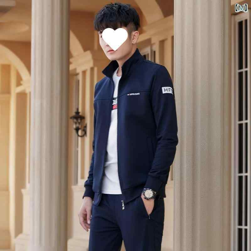 メンズ セットアップ 3点 カジュアル 運動着 スウェット 上下セット ジャージ 男性用 紳士服 綿混紡 長袖 ズボン 烟灰色 宝藍色 ブラック 中国? 灰色