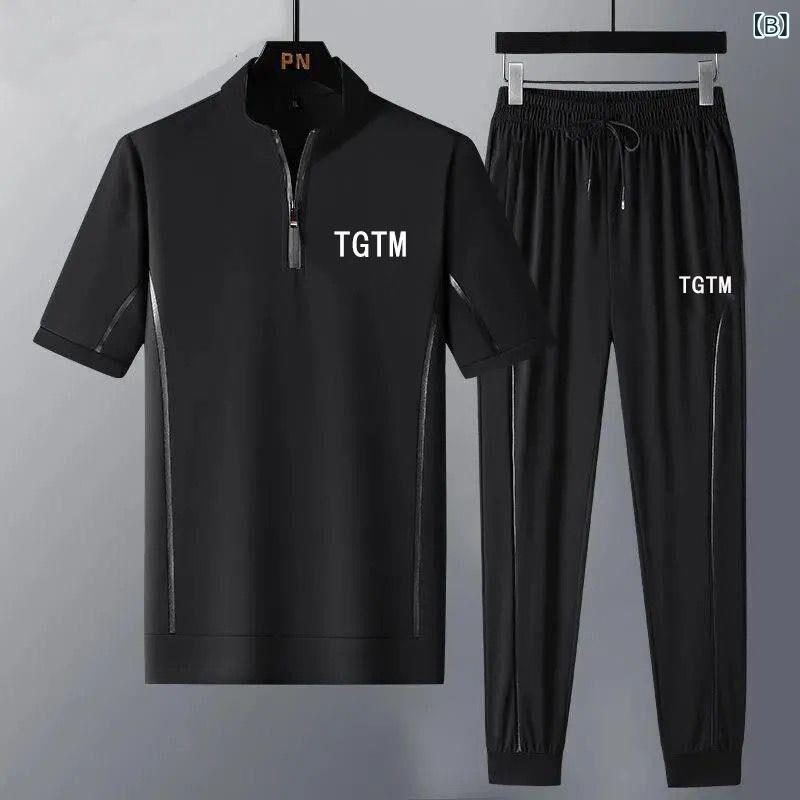 メンズ Ｔシャツ & 長ズボン セットアップ：薄手 半袖 コットン 混紡 スポーツウェア 部屋着 ルームウェア 春夏 カジュアル スタイル グレー ブラック ホワイト