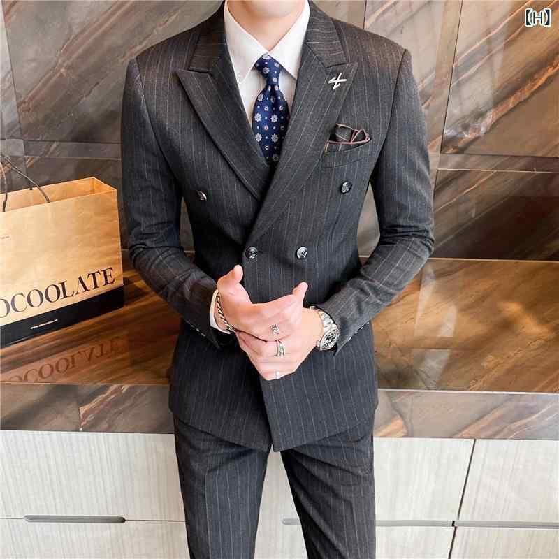 スーツ メンズ 男性用 セットアップ ダブルブレスト スリムフィット 結婚式 新郎 フォーマル 礼服 ストライプ柄 ポリエステル生地 Sサイズ ブラック 黒色 ダークグレー 灰色 普段使い｜トミーショップ 店