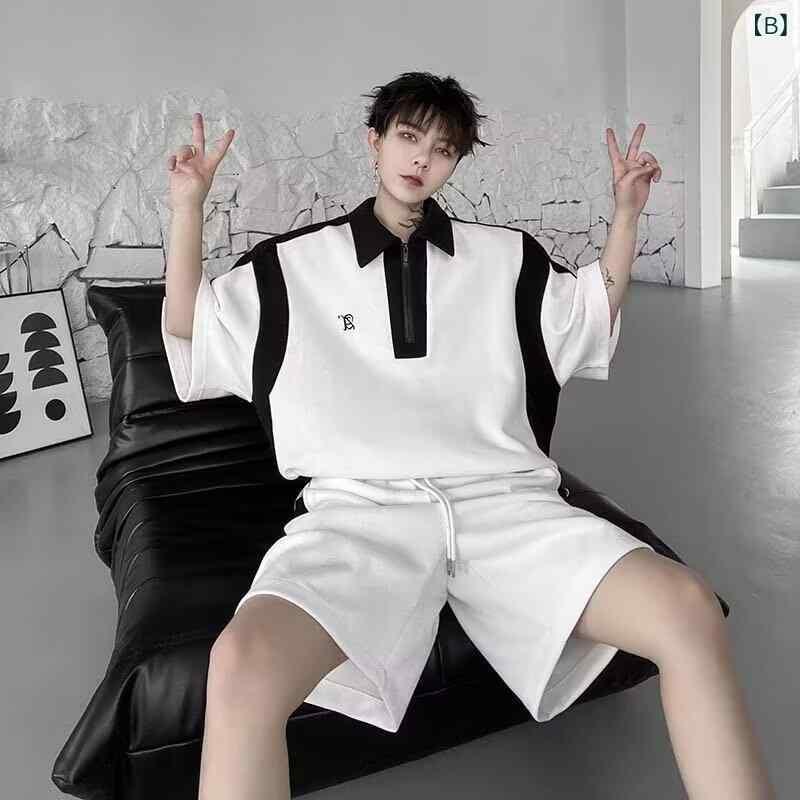 スポーツウェア メンズ 半袖 Tシャツ ショートパンツ 上下セット 韓国風 薄手 ポリエステル 普段着 部屋着 ブラック ホワイト