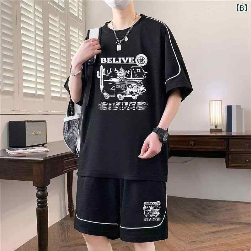 スポーツウェア メンズ 半袖Tシャツ ショートパンツ 上下セット 韓国風 ポリエステル 運動着 ルームウェア カジュアル 春夏 ブラック ホワイト グリーン