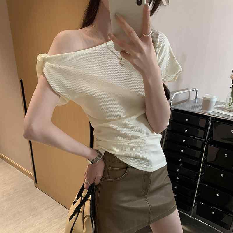 Tシャツ レディース 華夫格 ワッフル 半袖 カットソー トップス 肩出し デザイン 修身 スリムフィット 無地 ポリエステル 綿 杏色 深灰色 紺色 ライトグレー 春夏