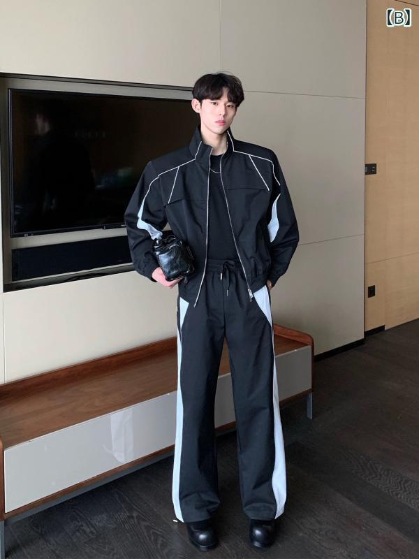 セットアップ メンズ 男性用 長袖 ジャケット パンツ 上下セット スポーツ カジュアル 春秋 伸縮性 ポリエステル ホワイト ブラック