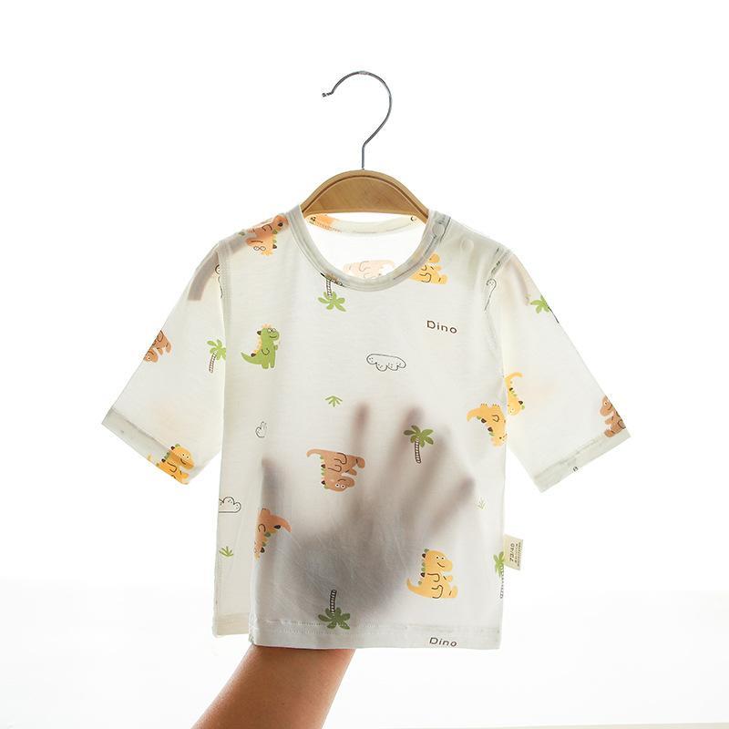 子供用セットアップ ベビー服 パジャマ 上下セット 薄手 腹巻付き 7分袖 7分丈パンツ 赤ちゃん 幼児 男の子 女の子 寝巻 ルームウェア かわいい アニマル柄 イラスト柄 総柄 モダール 春夏