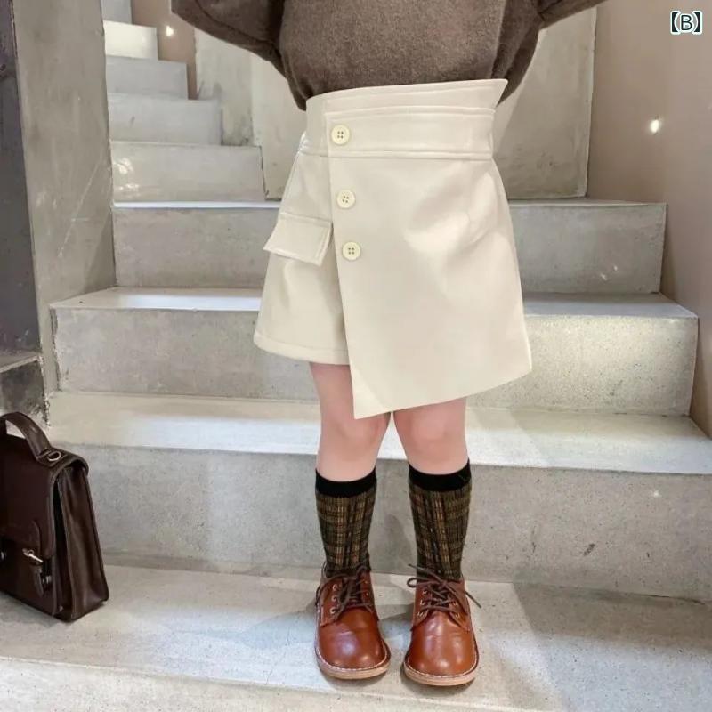 スカート キッズ 女の子 PUレザー スカート付きパンツ 韓国風 子供服 Aラインスカート 無地 普段着 おしゃれ ブラック アイボリー ブラウン 90 100 110 120 130cm