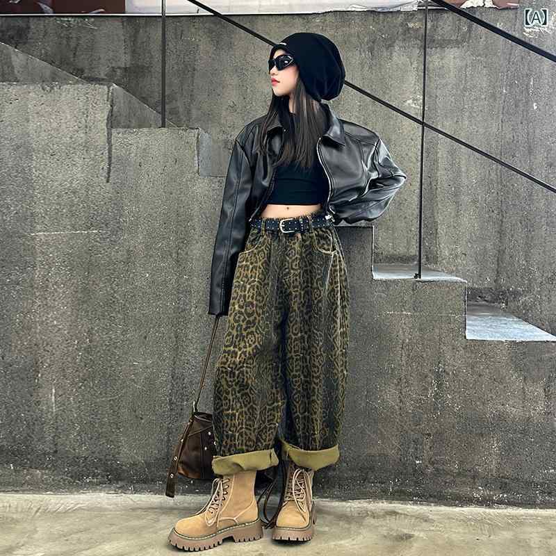キッズ パンツスーツ 春秋 女の子 トップス レザー ジャケット ヒョウ柄 9分丈パンツ 2点セット 韓国風 子供服 普段着 通学着