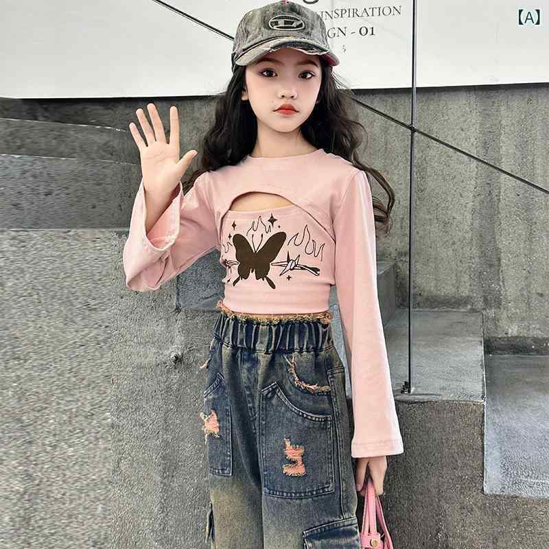 子供服 女の子 長袖トップス ダメージ加工デニムパンツ 上下2点セット 春秋 普段使い レッスン着 発表会 演出 120cm 130cm 140cm 150cm 160cm 170cm
