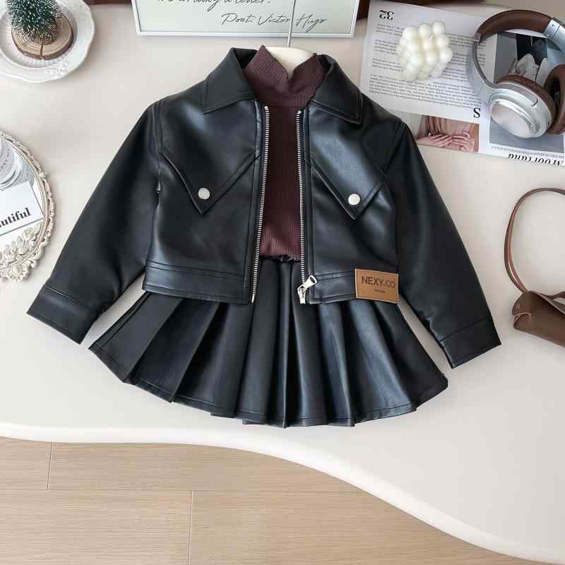 子供服 ガールズ PUレザー ジャケット セットアップ プリーツスカート 長袖 上下セット 2点セット 女の子 秋 90cm 100cm 110cm 120cm 130cm 140cm ブラック ピンク