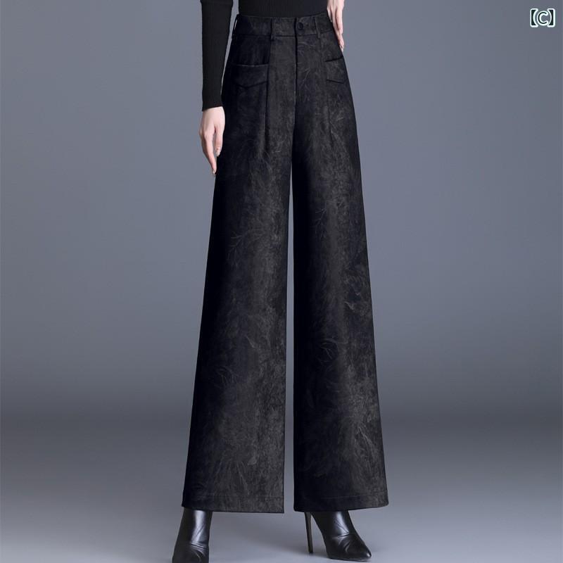 ワイドパンツ レディース 春秋 高腰 ゆったり ストレートパンツ カジュアルパンツ ママ 墨緑 黒 アラフォー アラフィフ シェニール 伸縮性