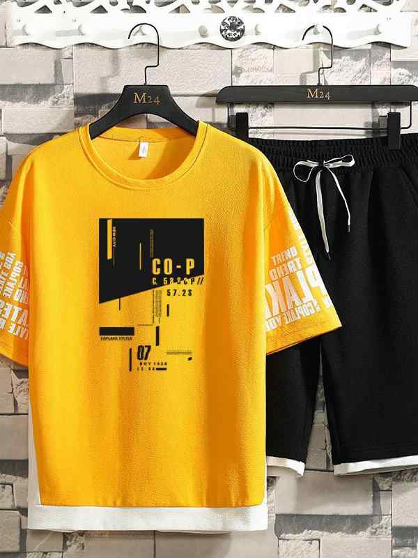 メンズ セットアップ 韓国風 半袖Tシャツ ショートパンツ 部屋着 ルームウェア スポーティ カジュアル ポリエステル混紡 春夏 ブラック ホワイト イエロー レッド