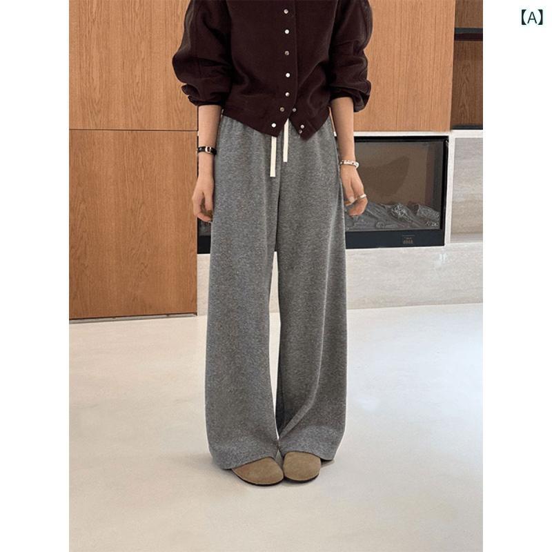 ズボン レディース ワイドレッグパンツ 秋冬 高見え ストレートパンツ 厚手 無地 ゆったり ハイウエスト ゴムウエスト カジュアル 通勤 普段使い グレー ブラック系 ブラウン系