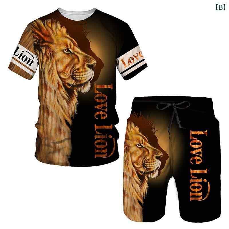メンズ スポーツウェア 上下セット Tシャツ ショートパンツ 3Dライオン柄プリント カジュアル 夏 男性用 運動着 ファッション