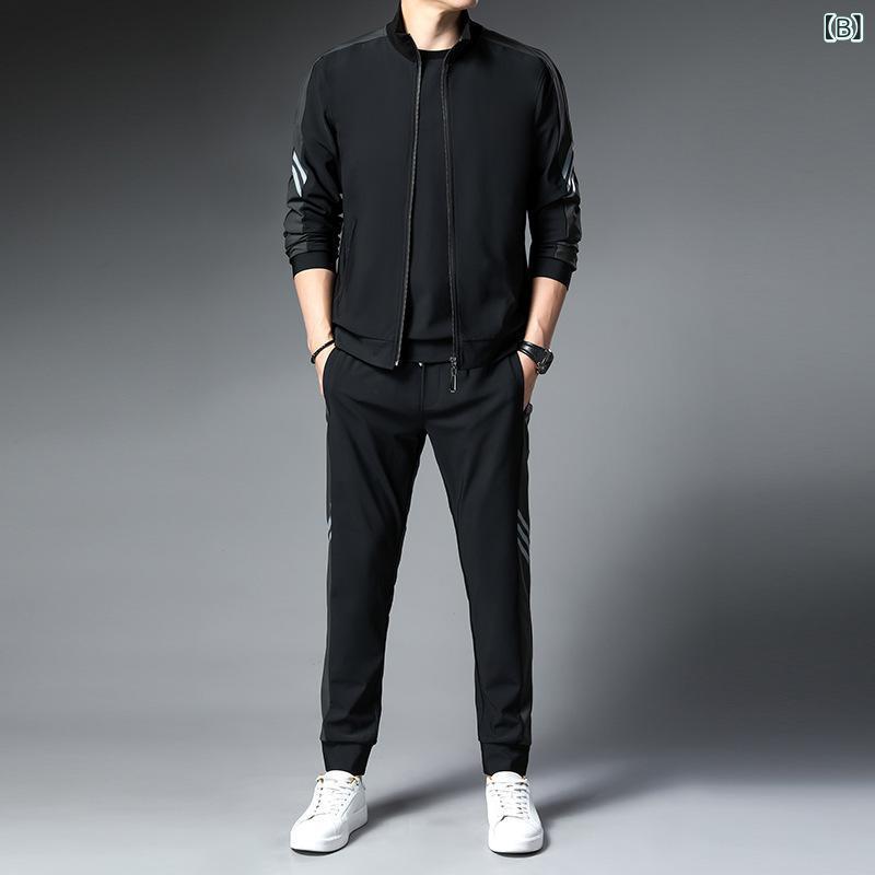 メンズ ジャージ 上下セット 薄手 普段使い 長袖 Tシャツ & ジップアップ ジャケット & ロングパンツ 3点セット 部屋着 ルームウェア スポーツウェア