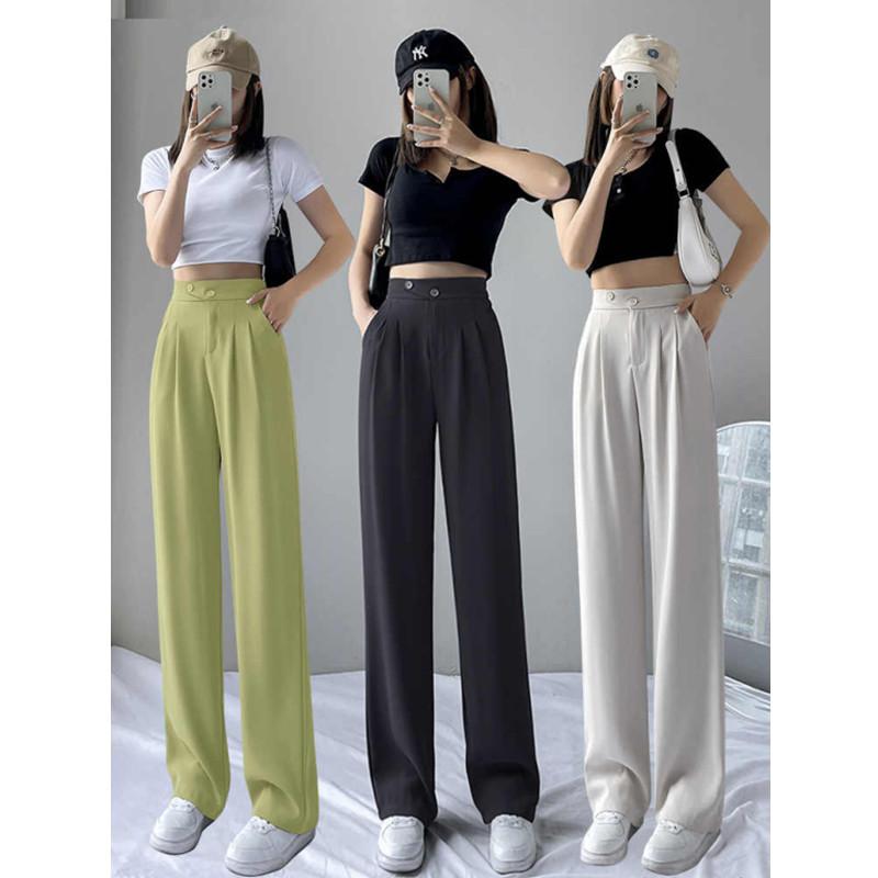 パンツ レディース 高腰 ワイドレッグパンツ ゆったり ストレートパンツ イージーパンツ 接触冷感 ポリエステル 日韓スタイル カジュアル ホワイト グレー ブラック カーキ ピンク系 ブラウン