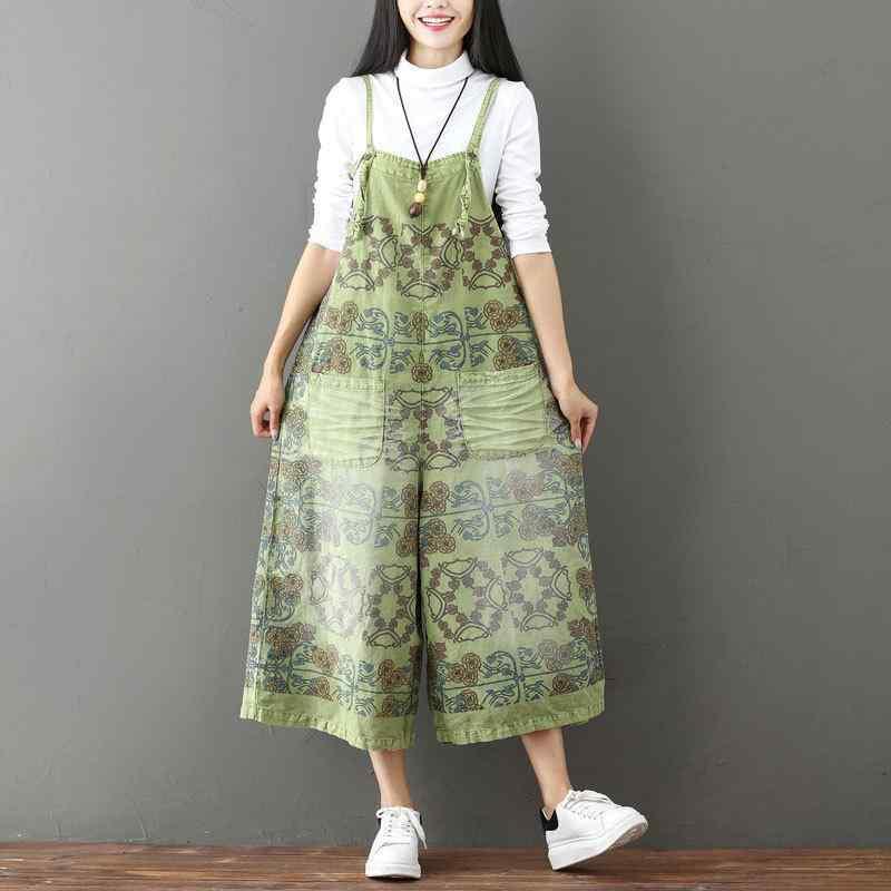 サロペット レディース 森ガール デニム ジーンズ パンツ オーバーオール ワイドレッグ ストレート ゆったりめ 文芸復古 中国風 グリーン カーキ 綿