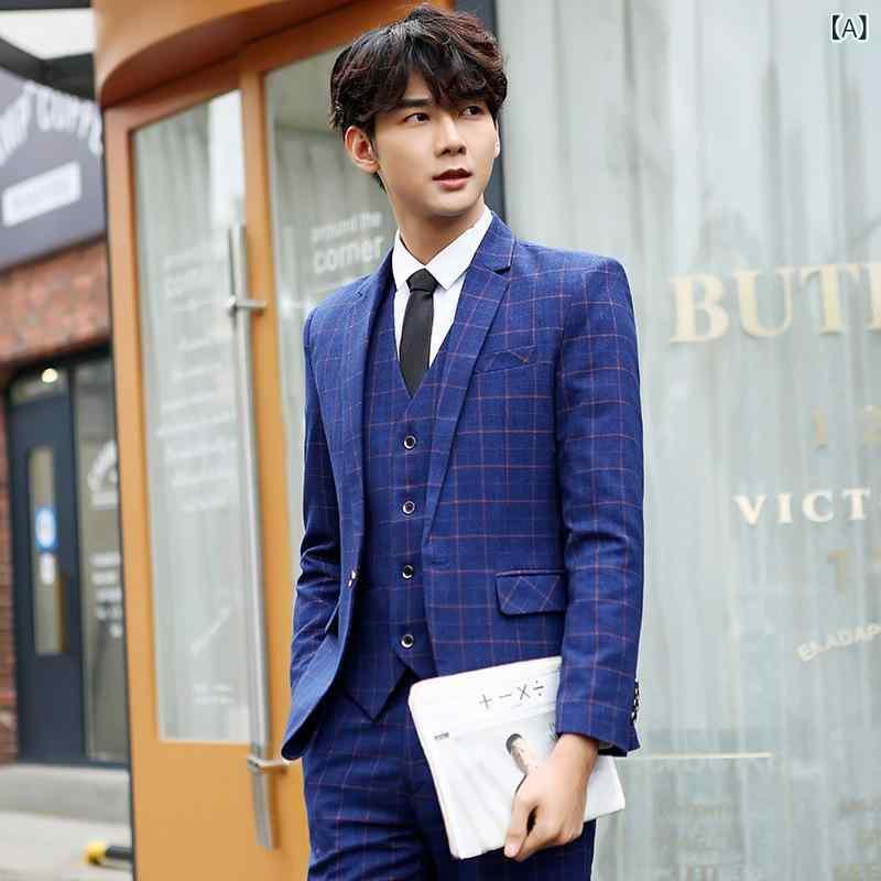 スーツ メンズ 男性用 スリムフィット チェック柄 3点セット 大学生 ビジネス カジュアル 韓国風 ポリエステル 春秋 ブルー ワインレッド グレー｜トミーショップ 店