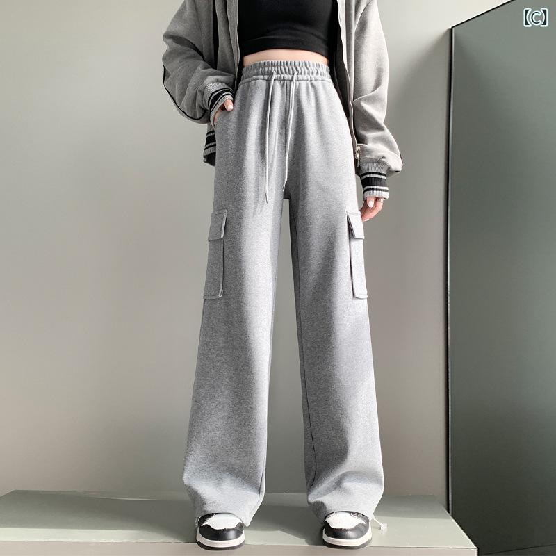パンツ レディース 大きいサイズ 高腰 ワークパンツ カーゴパンツ ストレート 伸縮性 コットンブレンド スポーティー カジュアル ブラック グレー 春秋冬