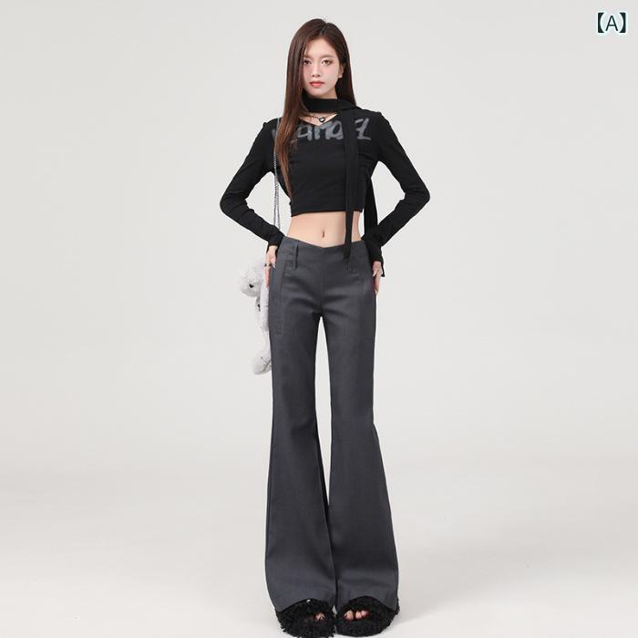 パンツ レディース ローライズ ブーツカット スラックス ブラック 黒 灰色 ポリエステル 人棉混紡 美脚効果 スタイルアップ 伸縮性