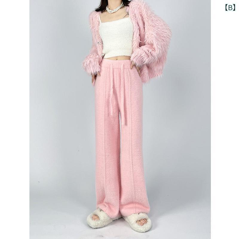ニットパンツ レディース ハイウエスト ワイドパンツ 裾絞り 裾ドロスト ピンク系 厚手 あったか 暖かい 秋冬 リラックス 部屋着 ルームウェア かわいい カジュアル