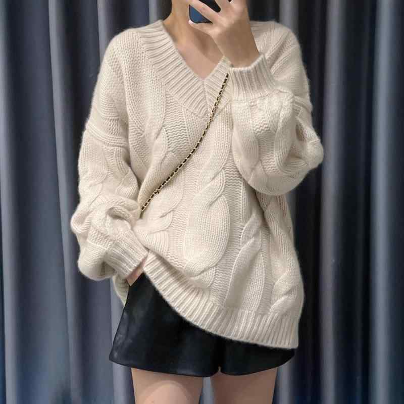 セーター 女性用 秋冬 厚手 ゆったり ケーブル ニット トップス Vネック 長袖 羊毛 柔軟 通勤 気質 スタイル 黄色 ベージュ アイボリー 切り替え 無地 単品 基本 デザイン 普通 丈 免・聞 処理 セット ヘッド 95%以上 内容 柔らか 素材 8,921円