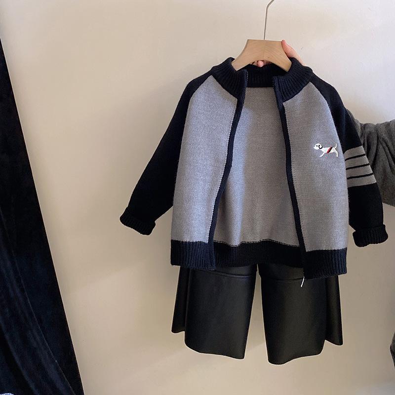 子供用ニットカーディガン パンツセット 秋冬 長袖 裏起毛 刺しゅう 配色 あったか 110cm 120cm 130cm 140cm 150cm かわいい 普段着