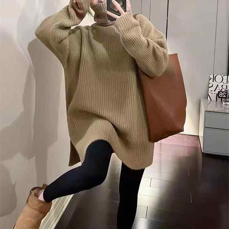 ニット トップス 女性用 秋冬 ゆったり ハイネック 長袖 ニット デザイン スリット ミドル丈 セットイン セーター 綿混 純色 軽量 伸縮性 田園 かわいい スタイル かき色 米白 ブラック ピンク グリーン