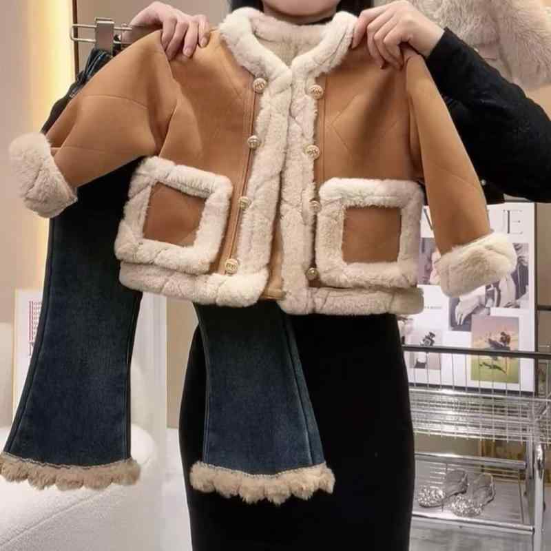 子供用パンツスーツ 女児 秋冬 セットアップ 裏起毛 デニム 厚手 ジャケット パンツ 上下セット かわいい ガールズ 女の子 普段着 90 100 110 120 130 140cm