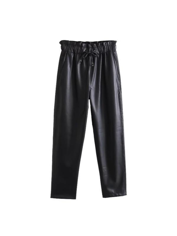 レザーパンツ レディース テーパードパンツ ウエストゴム カジュアルパンツ ロングパンツ 黒 XS S M L ポリエステル 日韓スタイル