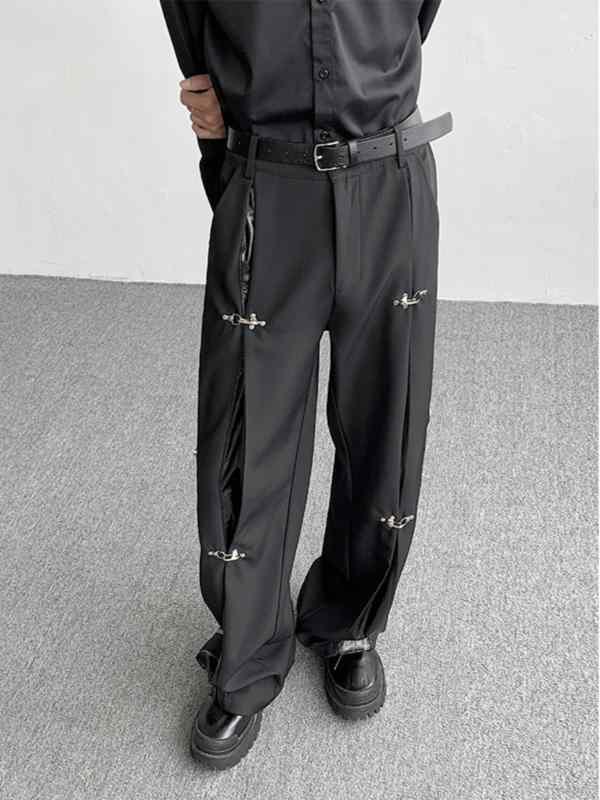 パンツ メンズ 韓国風 PUレザー 切り替え 高級感 ワイドレッグパンツ ストレートパンツ 秋 ズボン ボトムス 黒 ブラック