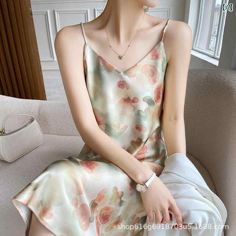 ワンピース レディース フラワー柄 吊り帯 Vネック Aライン ロング丈 膝下 夏 女性用 裏地なし 背中開き 高腰 植物花柄 印花加工 気質 通勤 ?雅風 セクシー セット単品 無袖 トリエステル繊維 ジャカード ナイロン 素材 軽量 落ち感 スイング｜トミーショップ 店
