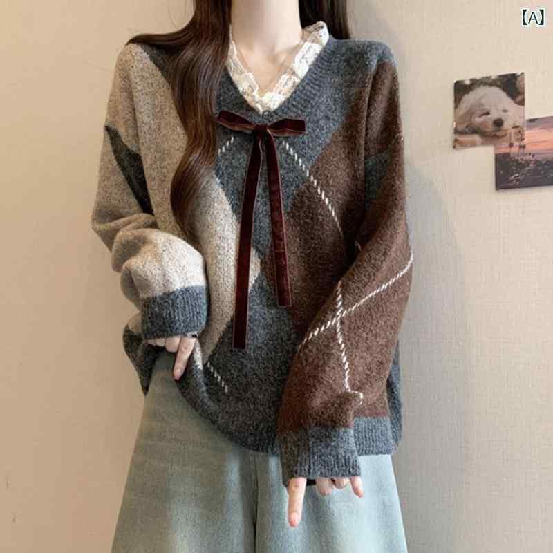 ニット レディース アルパカ混紡 菱形柄 Vネック レース 切り替え レトロ 厚手 ゆったり トップス 秋冬 グレー レッド系