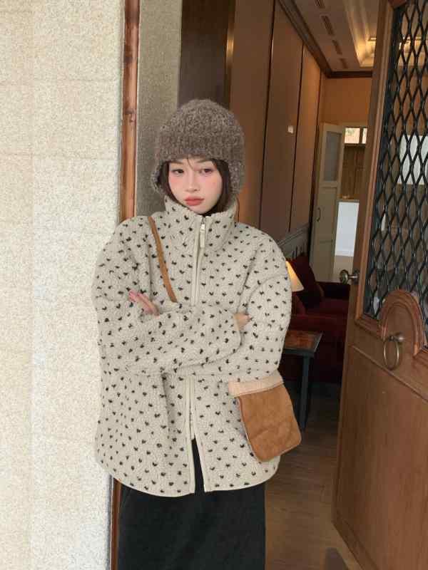 厚地の外套 レディース ボア上衣 秋冬 立襟 ゆったり 朦々たる 生あたたかい ポリエステル混紡 真っただ中丈 点点柄 ベージュ系 赤銅色系 韓国風