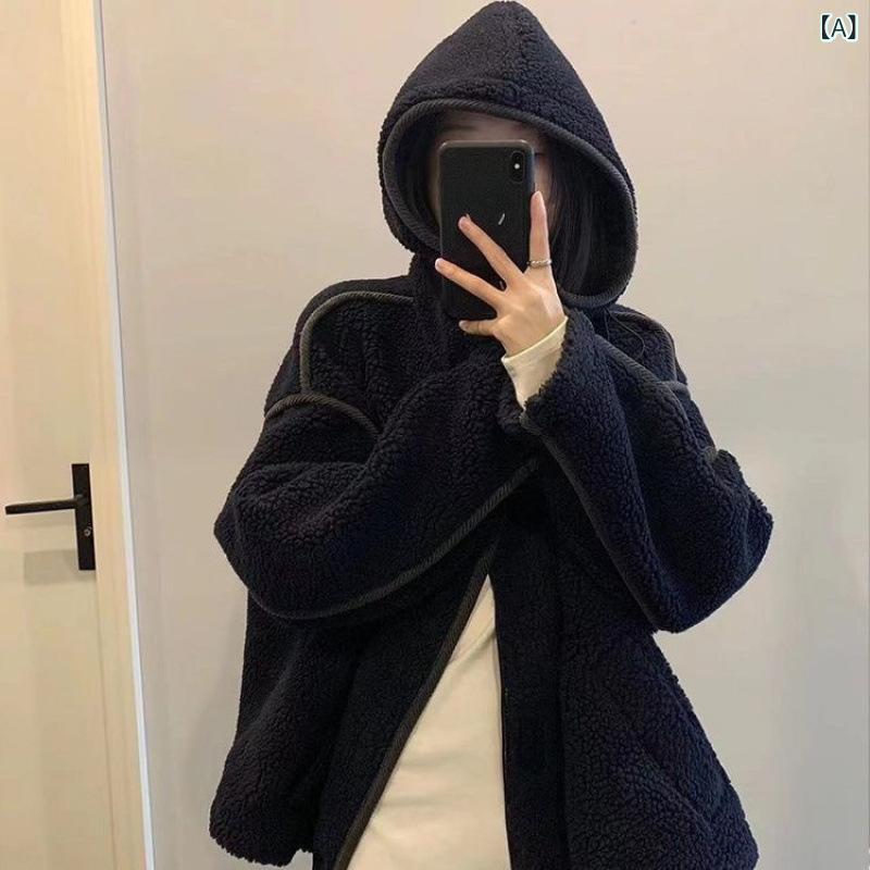 コート レディース ボアブルゾン 秋冬 韓国風 ゆったり 厚手 フェイクムートン ジャケット アウター フード付き ポリエステル 黒