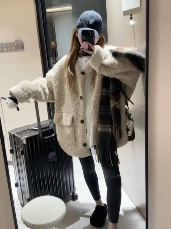 コート レディース ボア フェイクムートン ジャケット 秋冬 ゆったり 厚手 ポリエステル 米杏色 無地 あったか アウター カジュアル 通勤