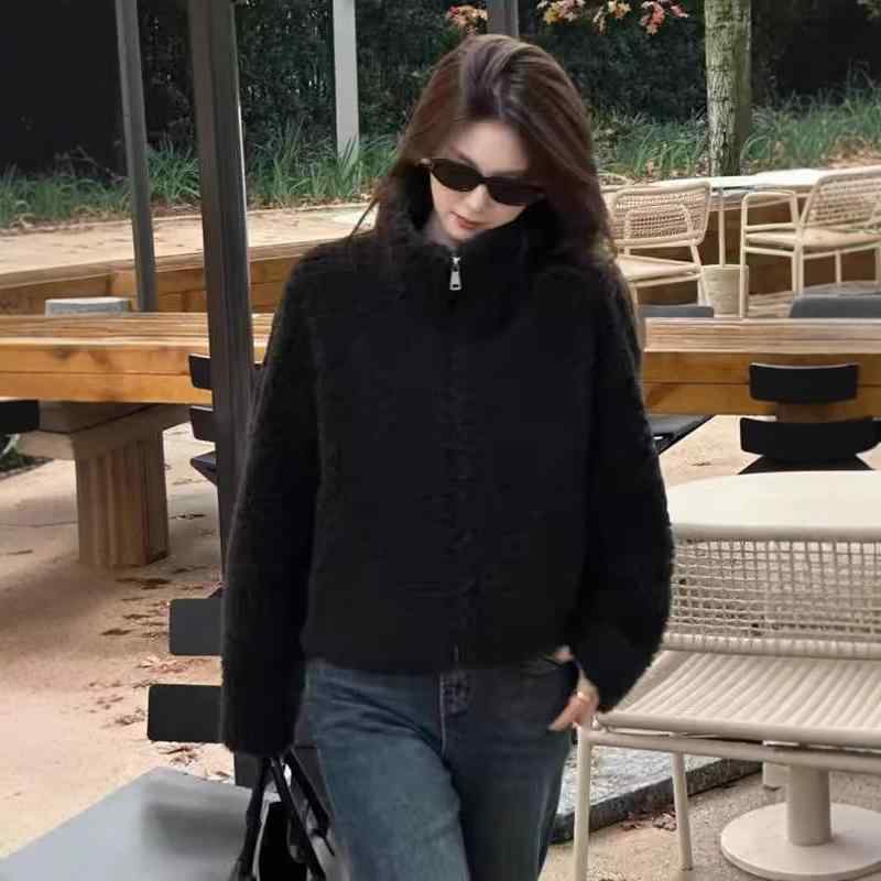 厚地の外套 レディース 黒 黒いこと ポリエステル 立襟 シープボア アウター 御前上等感 細押し出し 人となり あったか 長袖 秋冬 レディースファッション-コート・ジャケット