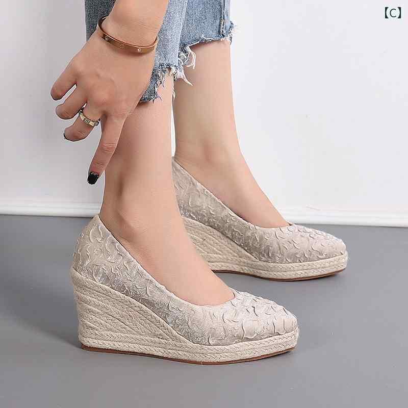パンプス レディース 厚底 ウェッジソール ポインテッドトゥ スリッポン 高ヒール 6cm~8cm 帆布 キャンバス 無地 ブラック パープル ベージュ 春夏 秋冬 韓国風 かわいい 日常 普段使い