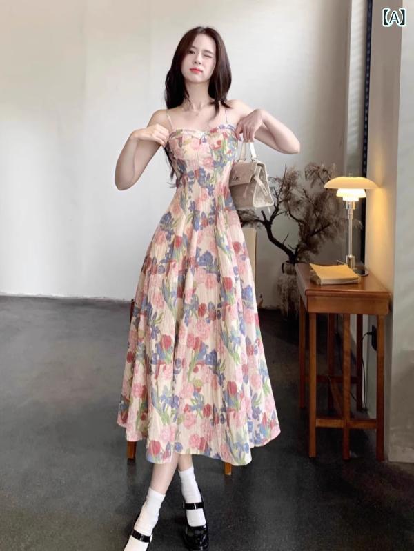 ワンピース レディース 春夏 シフォン 吊りスカート 花柄 ロングワンピース 高見え 海 ビーチ 旅行 リゾート 2点セット セットアップ ノースリーブ Aライン 中国風 レトロ かわいい