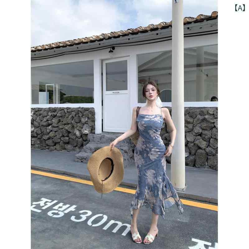 ワンピース レディース 吊りスカート ロング丈 麻 リゾート 吊り紐 ノースリーブ 高めネック 藍色 花柄 春夏 5,491円