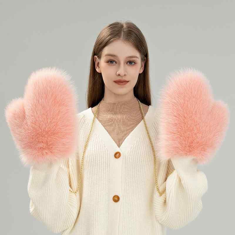 手袋 レディース かわいい 狐毛 ファー レザー グローブ 秋冬 防寒 あったか ミトン 手袋 白 青 ピンク 赤 黒