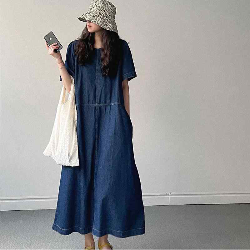 ワンピース レディース 韓国風 デニム Aライン 半袖 ロングワンピース 膝下丈 ゆったりサイズ ラウンドネック カジュアル 普段使い 5分袖 コットン 春夏