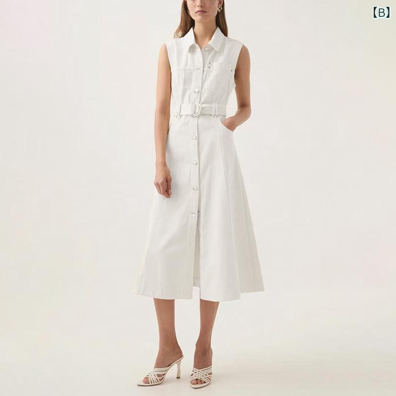 ワンピース レディース 韓国風 ファッション デニム ロングワンピース 春夏 ノースリーブ ギャザー フレア Aライン ハイウエスト 着痩せ ブルー ホワイト