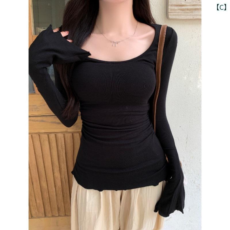 Tシャツ レディース 長袖 コットン 修身 無地 トップス カットソー 大方襟 紫色 赤色 黒色 緑色 コーヒー色 ダークグレー 普段使い 通勤 オフィス