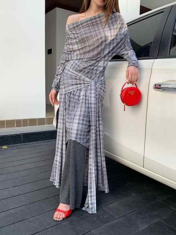 ワンピース レディース 格子柄 幾何学模様 チュニック 長袖 Aライン 高腰 ロング丈 ポリエステル 黄色 黒 ブラック 日韓スタイル