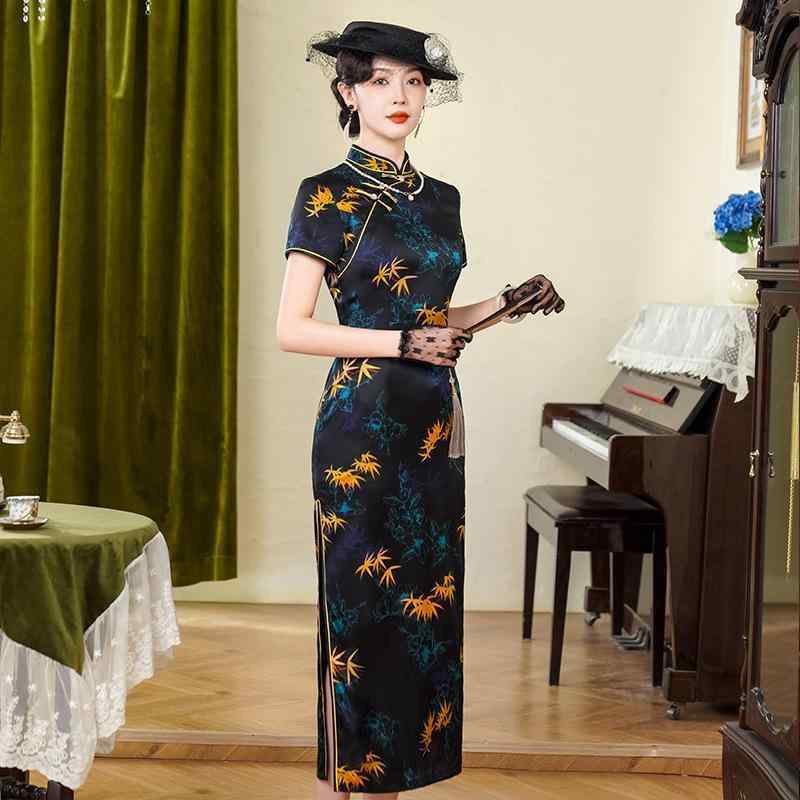 チャイナドレス レディース 高級感 真 silk 桑蚕? ロングワンピース レトロ エレガント ブラック 夏 古典柄 半袖 ハーフハイネック スリット