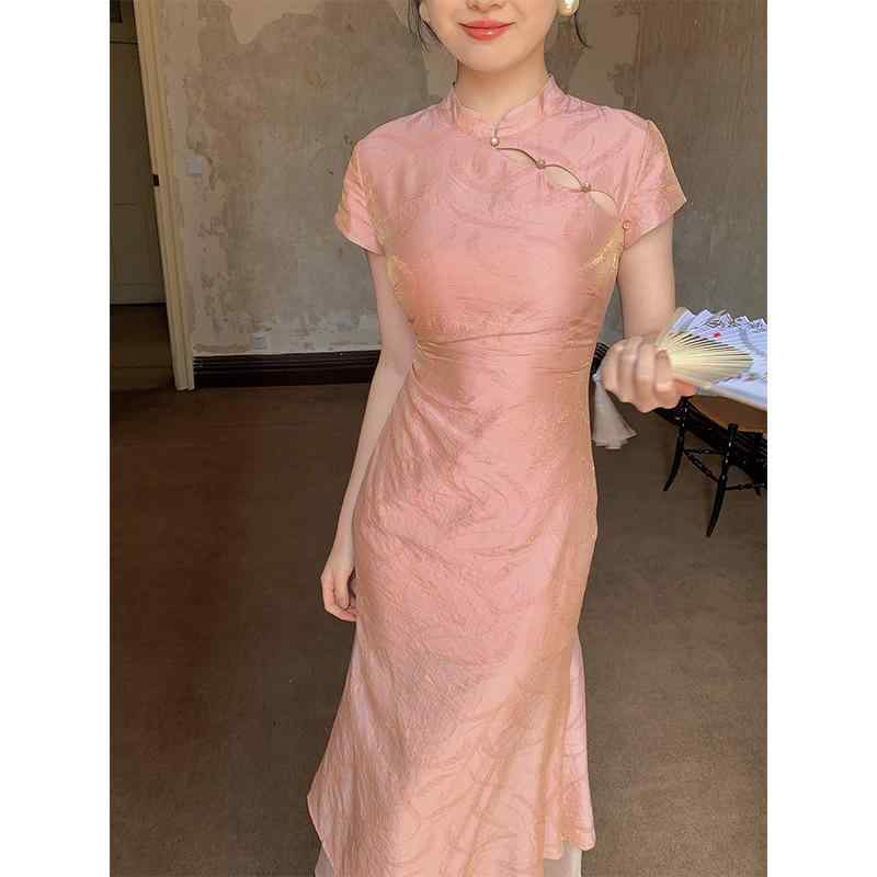 瀬戸もの御召しもの レディース 春夏 国風 組み換える 立襟 ロング衣装 黄緑であること サクラ色系