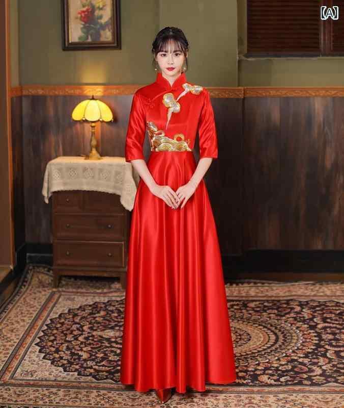 チャイナドレス レディース 礼服 演奏会 合唱 シニール A字スカート ロングワンピース 7分袖 公主袖 春夏 赤色 レッド 白色 ホワイト