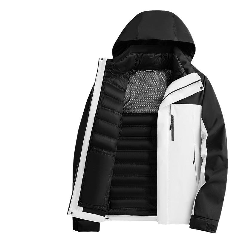 フーディ フリース ジャケット 男女用 防水 防風 保暖 フード付き 脱着可能 ダウン インナー セット 秋冬 登山 アウトドア クライミング スキー 釣り ランニング サイクリング ポリエステル ソリッドカラー コントラストカラー ユニセックス 軽量