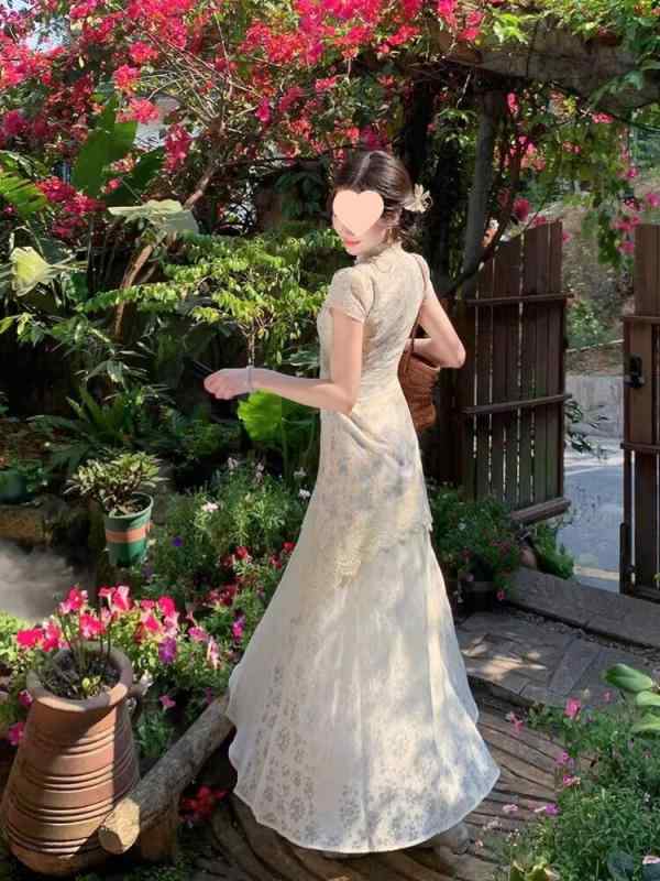 チャイナドレス レディース レース 切り替え 花柄 ワンピース 夏 ノースリーブ Aライン ロング 丈 チュール シフォン 杏色 ブルー XS S M L XL 文?復古 チャイナ風 膝下
